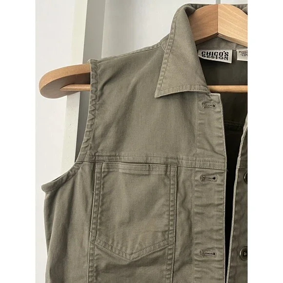 Chico's Design Button Up Twill Vest Womens S (Chico's 0) Khaki Gray Pocket Welt - Picture 5 of 15